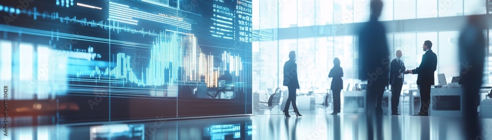 Poster a dynamic scene of finance professionals in a modern office surrounded by holographic screens displa