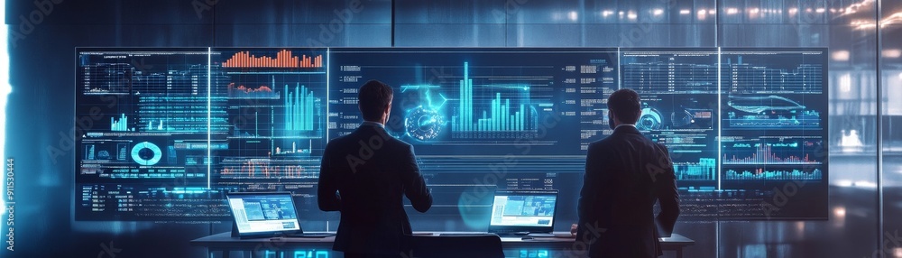 Poster A dynamic scene of finance professionals in a modern office surrounded by holographic screens displaying financial data charts and graphs while discussing the future of investment opportunities