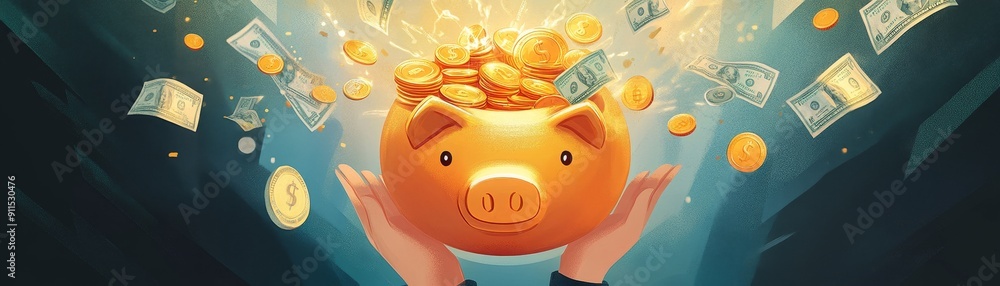 Poster a visually rich illustration of a person holding a golden piggy bank filled with coins and dollar bi