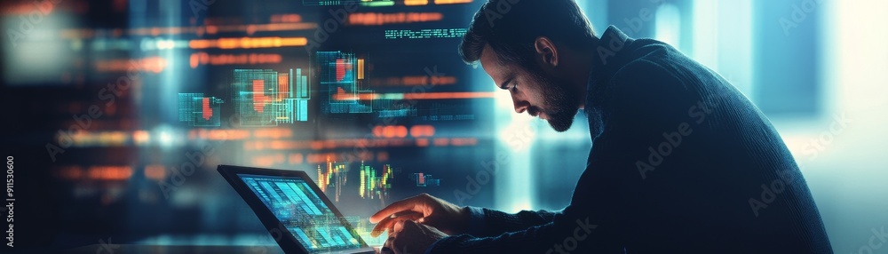 Aufkleber A detailed composition of a businessperson analyzing a complex financial report on a digital tablet with virtual data visualizations hovering around them