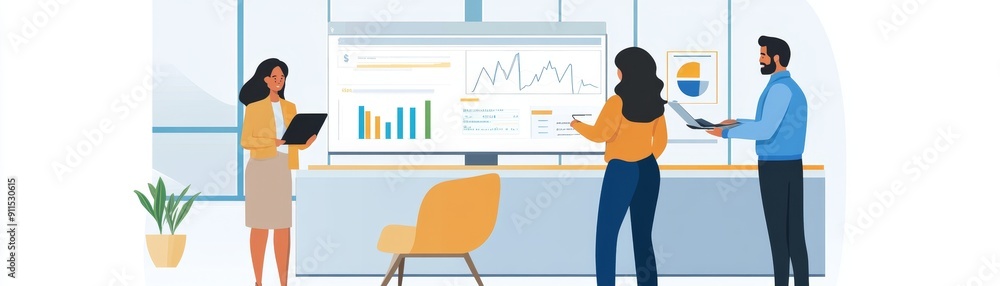 Poster an office scene with a financial advisor presenting a diverse investment portfolio to a couple in a 