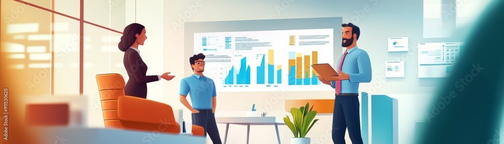 Poster an office scene with a financial advisor presenting a diverse investment portfolio to a couple in a 