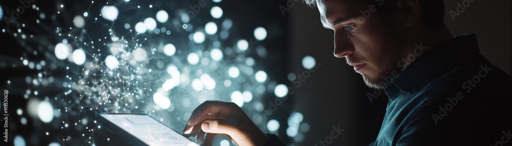 Poster A detailed composition of a businessperson analyzing a complex financial report on a digital tablet with virtual data visualizations hovering around them