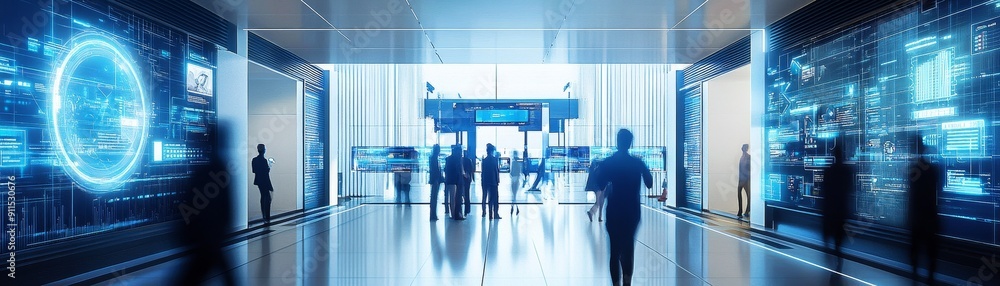 Aufkleber a futuristic bank lobby with customers interacting with holographic screens and ai assistants for ef