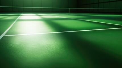 Detailed close-up of a green badminton court with clear lines and no people. Perfect for highlighting court features.