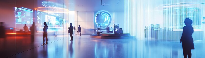 A futuristic bank lobby with customers interacting with holographic screens and AI assistants for efficient banking and financial management services