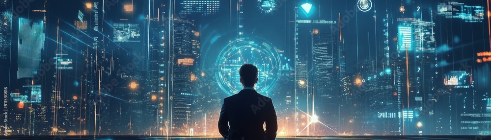 Poster An innovative visual of a financial analyst deep in thought surrounded by floating digital data points, charts, and graphs representing analytical processes