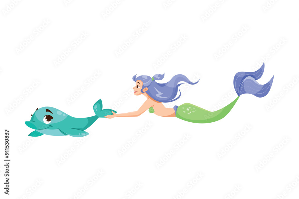 Canvas Prints pretty mermaid character with fish tail and female body with dolphin vector illustration