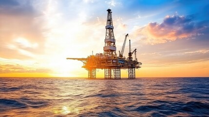 Obraz premium An oil rig stands tall in the ocean at sunset, showcasing modern engineering and the beauty of nature together.