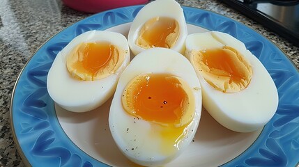 Delicious soft-boiled eggs on a plate, showing perfectly runny yolks and firm whites. Ideal breakfast or snack option.