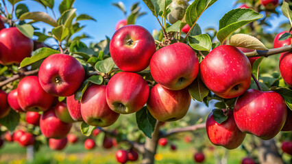 Obraz premium Apple trees in the garden with ripe red apples ready for harvest. 