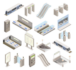 Isometric Metro Station Element Collection with Train, Escalator and Map Vector Set