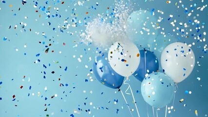 Blue and white balloons over background with falling confetti, festive banner, birthday party celebration - Powered by Adobe