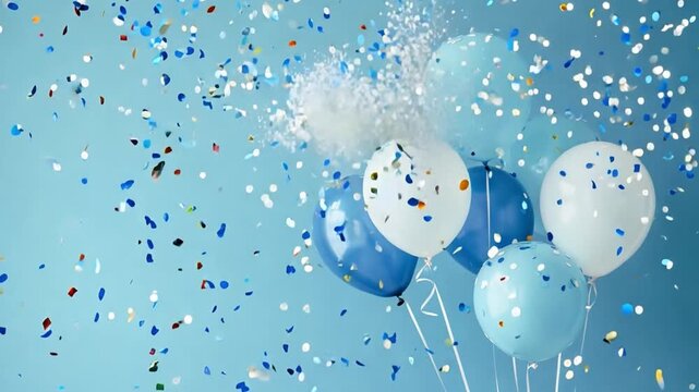 Blue and white balloons over background with falling confetti, festive banner, birthday party celebration