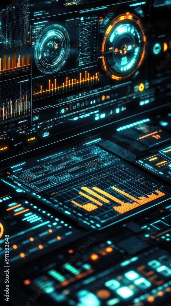 Aufkleber futuristic control panel with vibrant neon colors and data visualizations for technology and design 