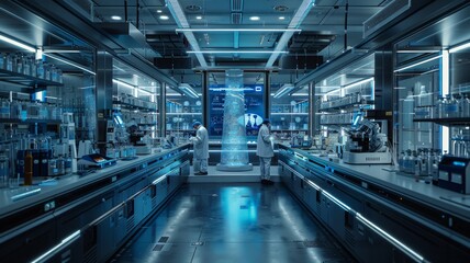 Obraz premium A futuristic laboratory with scientists working on advanced holographic screens and cutting-edge equipment