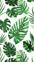 Vibrant green tropical leaves on white background, perfect for summery and exotic designs. 
