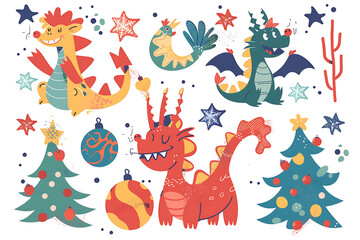Cute red and green dragons celebrate Christmas with a decorated Christmas tree. 
