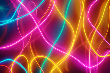Abstract neon lines in pink, yellow and blue colors create a vibrant and energetic background for modern design projects. 
