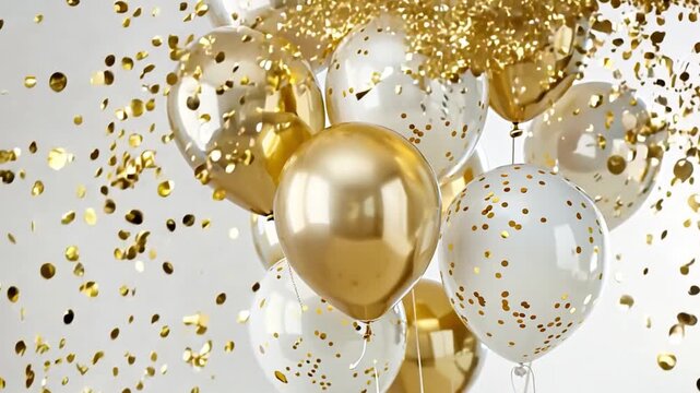 Golden and white balloons white festive background with falling confetti, party and birthday celebration banner