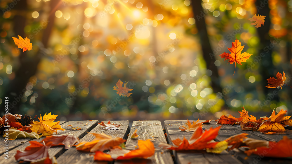 Poster autumn background with a wood table and colorful autumn leaves on a blurred bokeh forest background