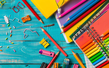 Colorful school supplies on a blue wooden background, perfect for back to school or education concepts.
