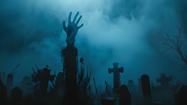 Hand of a zombie coming out of a graveyard on Halloween night, festive background poster