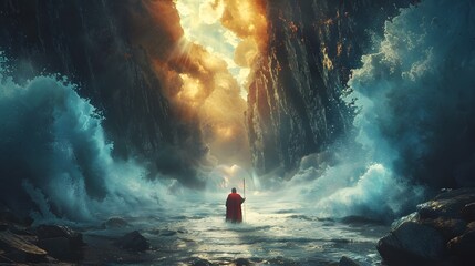 Moses with his staff, parting the Red Sea, creating towering walls of water on either side, dramatic lighting, high detail, vibrant colors, realistic textures, cinematic atmosphere,