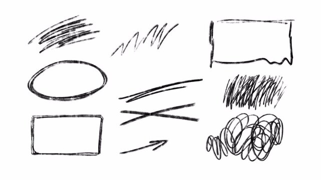 A Set of circles and line art: Hand-drawn animation of a street graffiti brush stroke paint, rough underline marks, arrows, scribble, messy sketching on a transparent background, alpha channel
