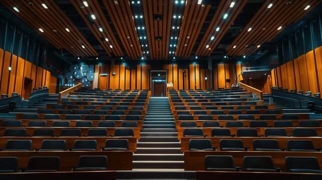 Empty lecture hall with rows of comfortable seats and a well-lit stage ready for a presentation