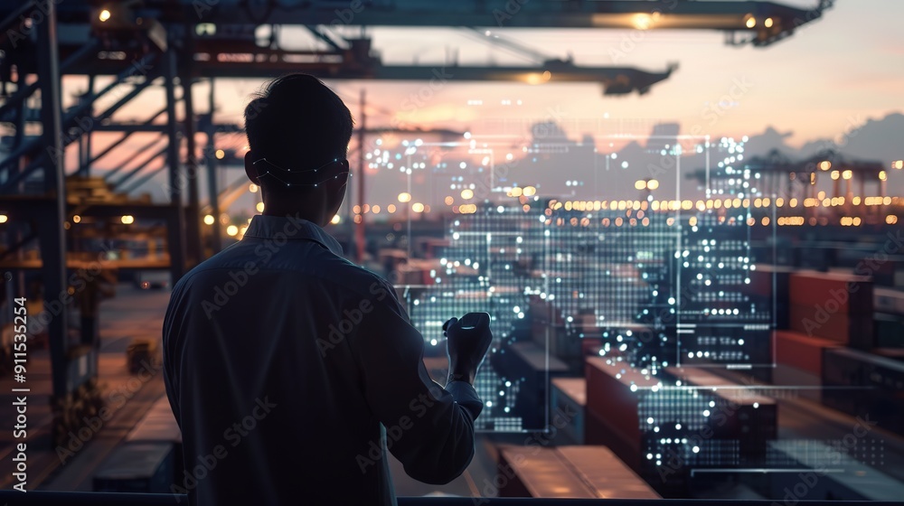 Poster businessman using ai artificial intelligence management in logistic system support human work and re
