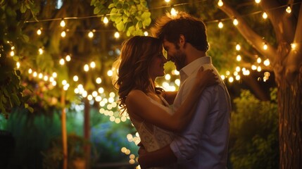 Couple sharing a tender moment while dancing under twinkling fairy lights in an intimate backyard setting