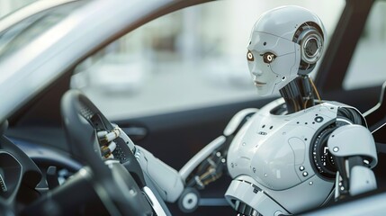 A robot with artificial intelligence is driving a taxi sitting at driver seat is driving on busy highway road in the city. Concept of machine learning, artificial intelligence augmented reality and