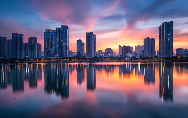 Fototapeta premium A cityscape with blue skyscrapers reflecting in a still lake at sunset, with warm orange and pink hues. 