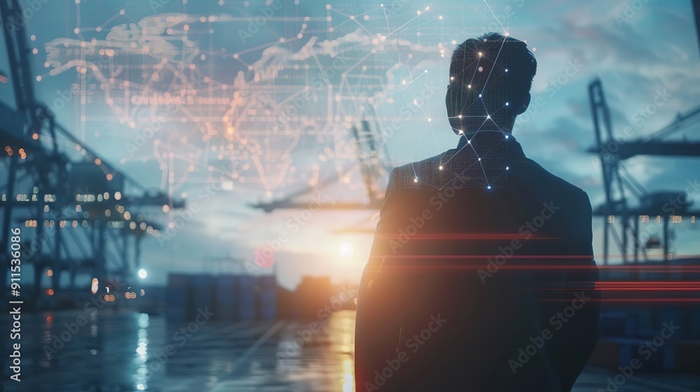 Poster businessman using ai artificial intelligence management in logistic system support human work and re