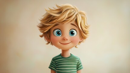 Fototapeta premium Whimsical Cartoon Boy with Tousled Blond Hair: Perfect for a Playful Sports Interior Poster with Big Blue Eyes and a Mischievous Smile Against a Soft Pastel Background!