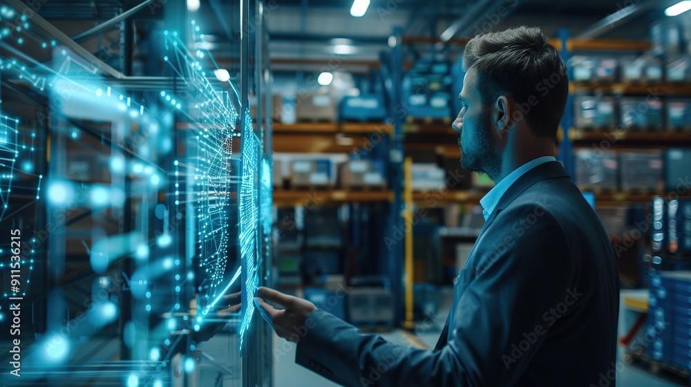 Poster businessman using ai artificial intelligence management in logistic system support human work and re