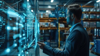 Businessman using ai artificial intelligence management in logistic system support human work and reduce time to work in process.AI assitant planing to import export for business