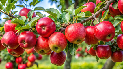 Obraz premium Apple trees in the garden with ripe red apples ready for harvest. 