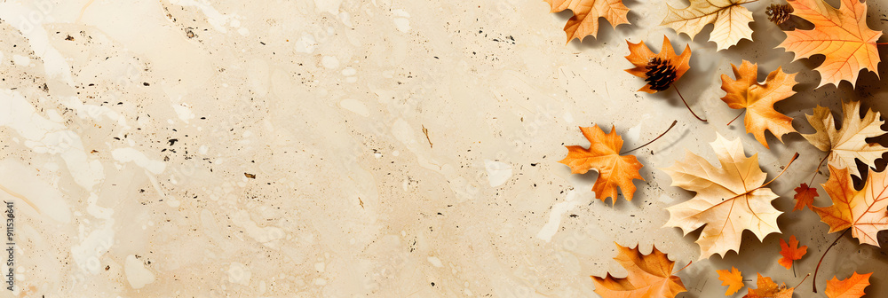 Poster autumn background with leaves on textured stone wall. top view. autumn banner template with space fo