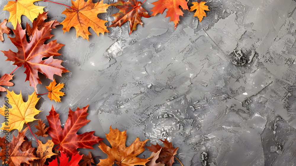 Poster autumn background with leaves on textured stone wall. top view. autumn banner template with space fo