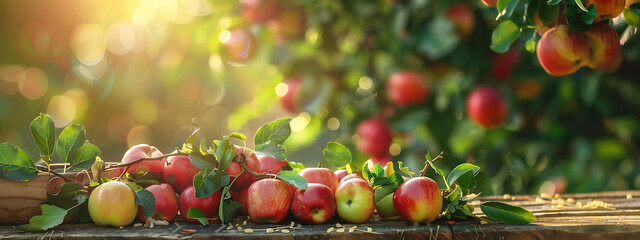 Fresh red and green apples on a wooden table, with a blurred background of an apple orchard, perfect for autumn harvest and food concepts. 
