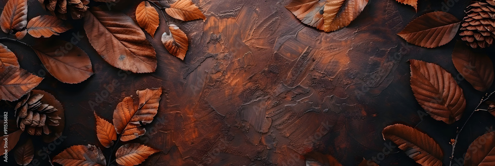 Poster Autumn background with leaves on textured stone wall. top view. Autumn banner template with space for text. View from above 
