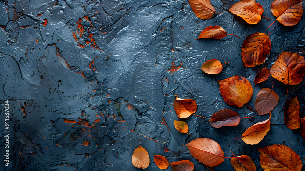 Poster autumn background with leaves on textured stone wall. top view. autumn banner template with space fo