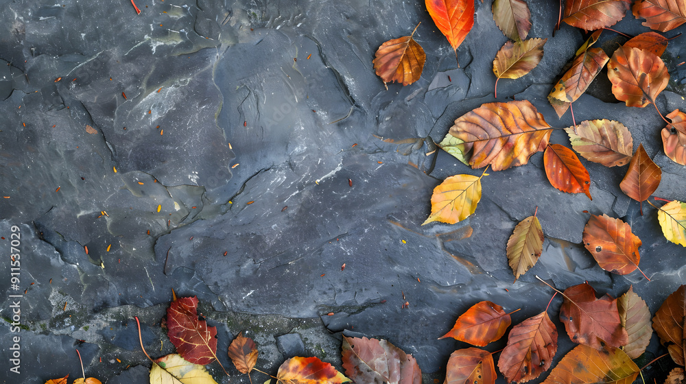 Poster autumn background with leaves on textured stone wall. top view. autumn banner template with space fo