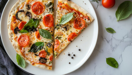 Vegetarian pizza with lots of vegetables.
