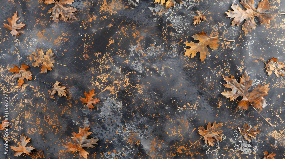 Poster autumn background with leaves on textured stone wall. top view. autumn banner template with space fo