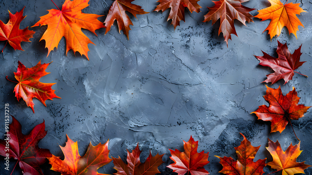 Poster autumn background with leaves on textured stone wall. top view. autumn banner template with space fo