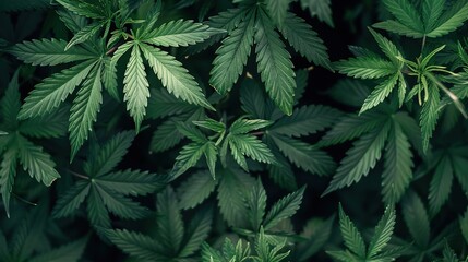 Cannabis plant leaves, close-up view of cannabis plants in garden, view from above, natural light,