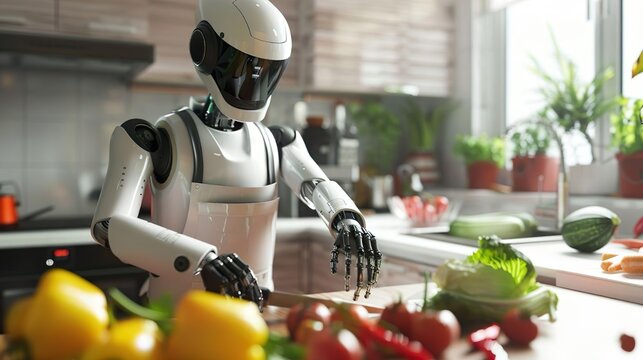 Robotic personal assistance. Robot domestic assistance chef cooks food in the kitchen. Artificial intelligence helps people with housework. Healthy lunch breakfast dinner with vegetables